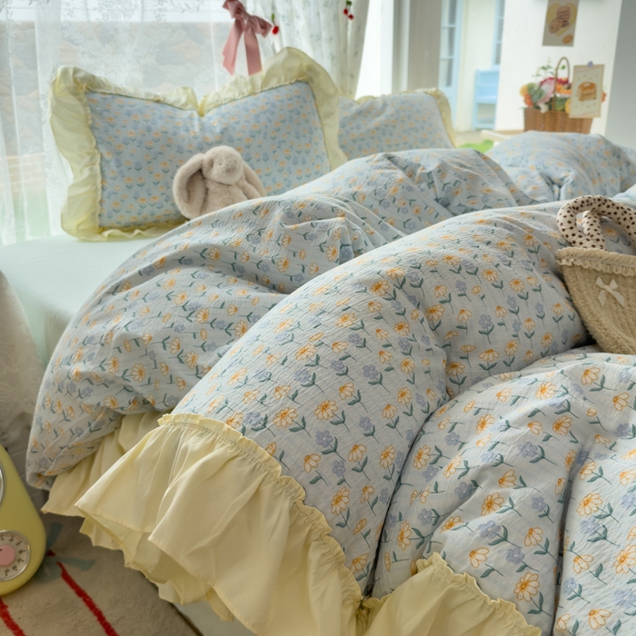 91家纺网 家纺一手货源 找家纺 思诺羽床笠 2025新款开学季法式花边A类双层纱木棉四件套 小雏菊