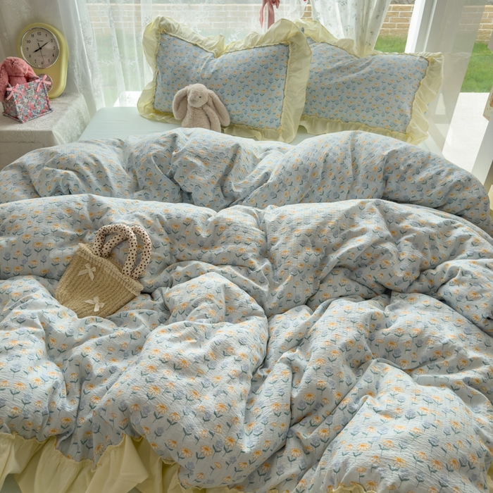 91家纺网 家纺一手货源 找家纺 思诺羽床笠 2025新款开学季法式花边A类双层纱木棉四件套 小雏菊