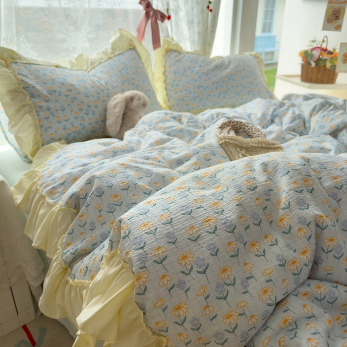 91家纺网 家纺一手货源 找家纺 思诺羽床笠 2025新款开学季法式花边A类双层纱木棉四件套 小雏菊