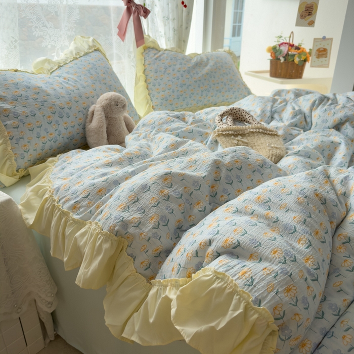 91家纺网 家纺一手货源 找家纺 思诺羽床笠 2025新款开学季法式花边A类双层纱木棉四件套 小雏菊