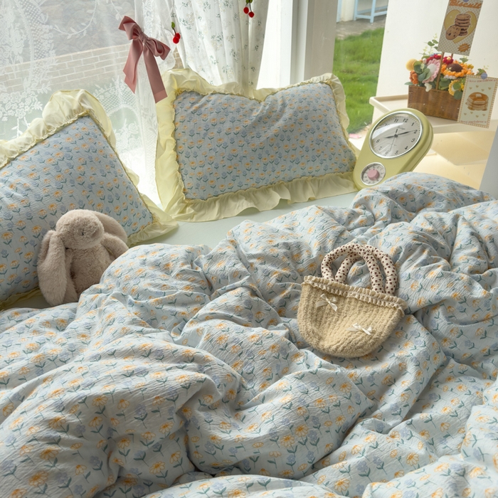 91家纺网 家纺一手货源 找家纺 思诺羽床笠 2025新款开学季法式花边A类双层纱木棉四件套 小雏菊