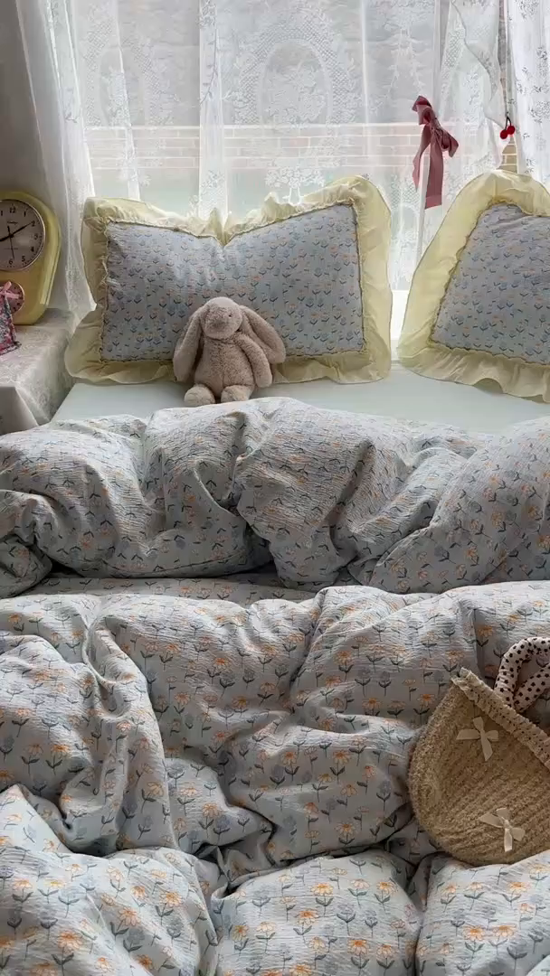 91家纺网 家纺一手货源 找家纺 思诺羽床笠 2025新款开学季法式花边A类双层纱木棉四件套 小雏菊