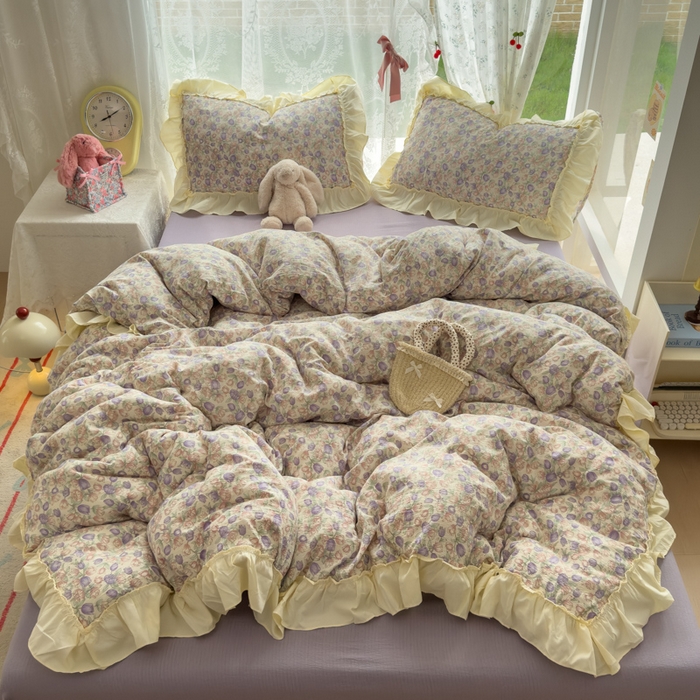 91家纺网 家纺一手货源 找家纺 思诺羽床笠 2025新款开学季法式花边A类双层纱木棉四件套 郁金香