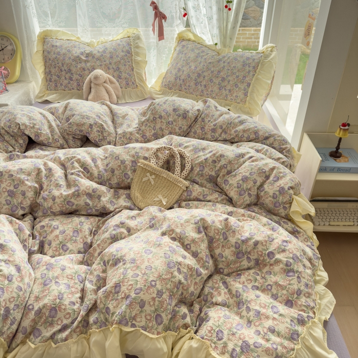 91家纺网 家纺一手货源 找家纺 思诺羽床笠 2025新款开学季法式花边A类双层纱木棉四件套 郁金香