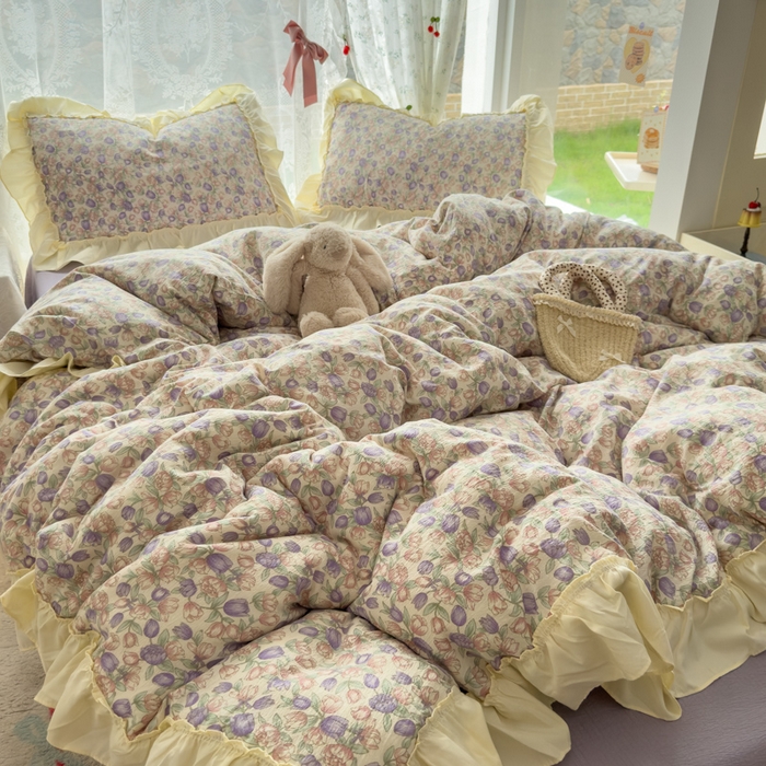 91家纺网 家纺一手货源 找家纺 思诺羽床笠 2025新款开学季法式花边A类双层纱木棉四件套 郁金香