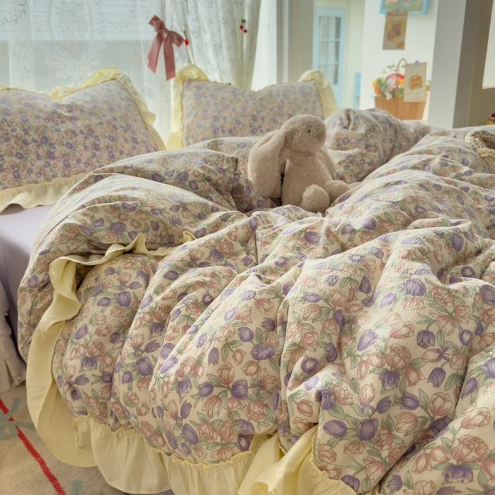 91家纺网 家纺一手货源 找家纺 思诺羽床笠 2025新款开学季法式花边A类双层纱木棉四件套 郁金香