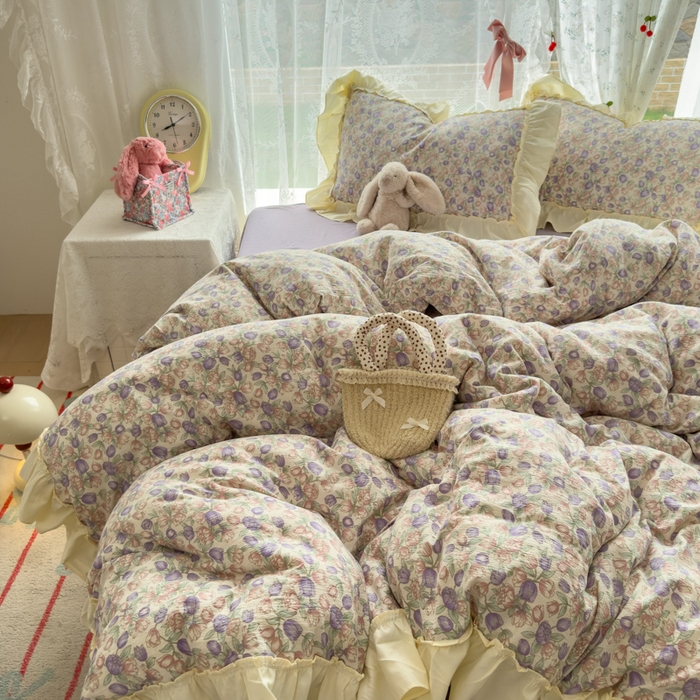 91家纺网 家纺一手货源 找家纺 思诺羽床笠 2025新款开学季法式花边A类双层纱木棉四件套 郁金香