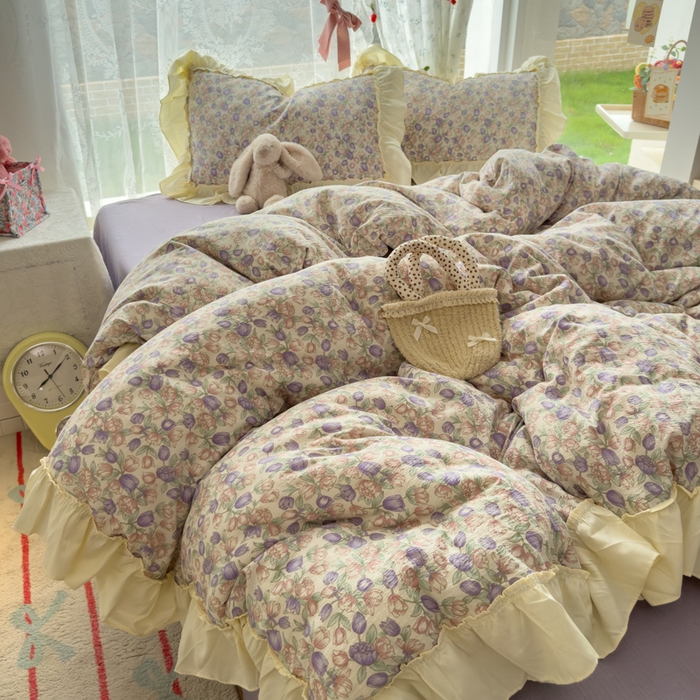 91家纺网 家纺一手货源 找家纺 思诺羽床笠 2025新款开学季法式花边A类双层纱木棉四件套 郁金香