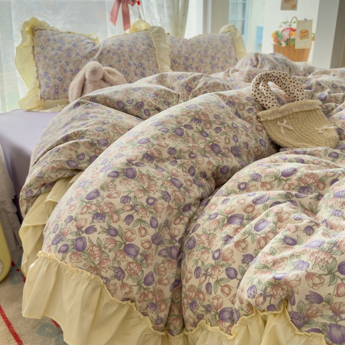 91家纺网 家纺一手货源 找家纺 思诺羽床笠 2025新款开学季法式花边A类双层纱木棉四件套 郁金香