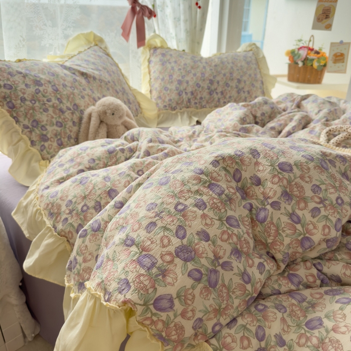 91家纺网 家纺一手货源 找家纺 思诺羽床笠 2025新款开学季法式花边A类双层纱木棉四件套 郁金香