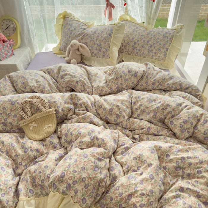 91家纺网 家纺一手货源 找家纺 思诺羽床笠 2025新款开学季法式花边A类双层纱木棉四件套 郁金香