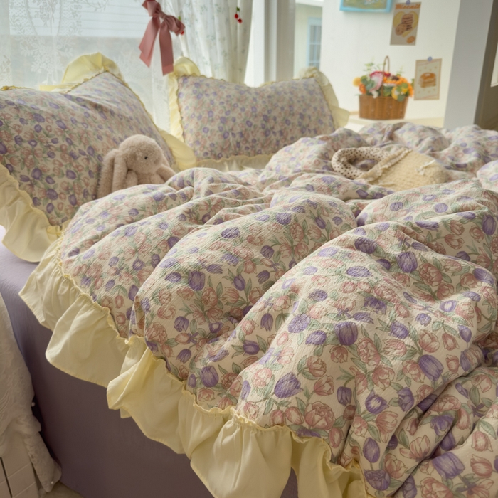 91家纺网 家纺一手货源 找家纺 思诺羽床笠 2025新款开学季法式花边A类双层纱木棉四件套 郁金香