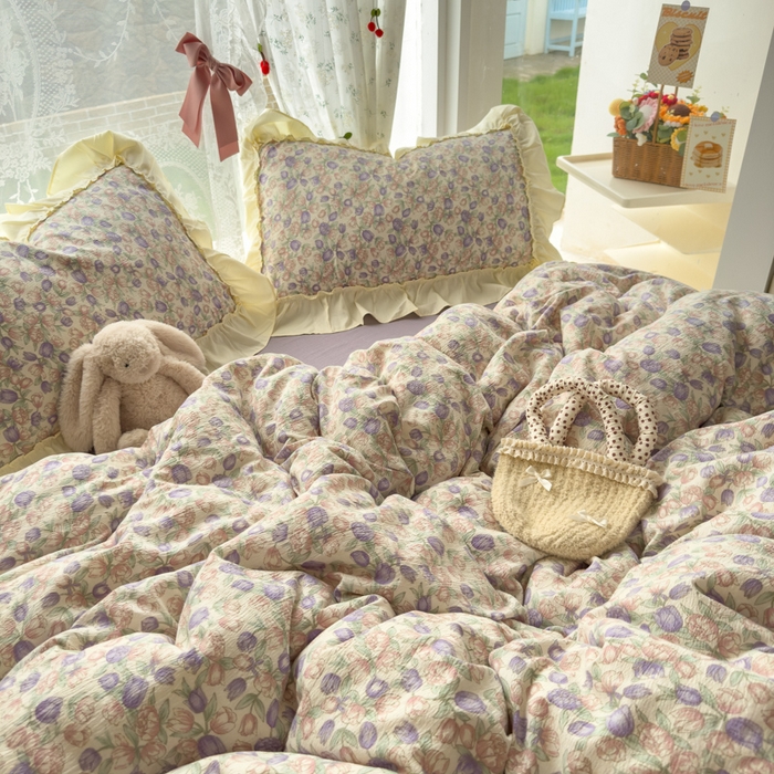 91家纺网 家纺一手货源 找家纺 思诺羽床笠 2025新款开学季法式花边A类双层纱木棉四件套 郁金香