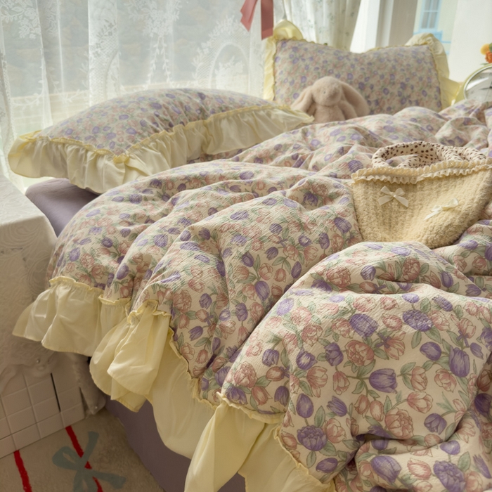 91家纺网 家纺一手货源 找家纺 思诺羽床笠 2025新款开学季法式花边A类双层纱木棉四件套 郁金香