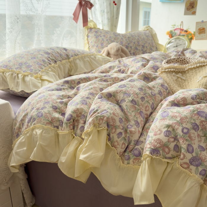 91家纺网 家纺一手货源 找家纺 思诺羽床笠 2025新款开学季法式花边A类双层纱木棉四件套 郁金香