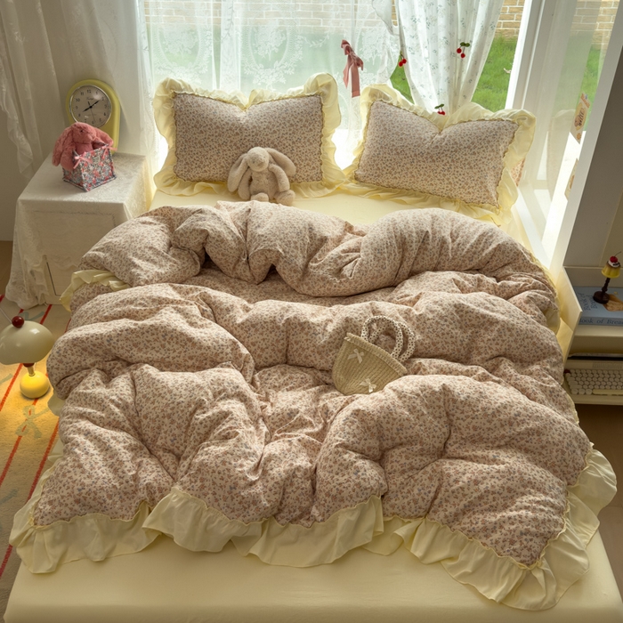 91家纺网 家纺一手货源 找家纺 思诺羽床笠 2025新款开学季法式花边A类双层纱木棉四件套 织春