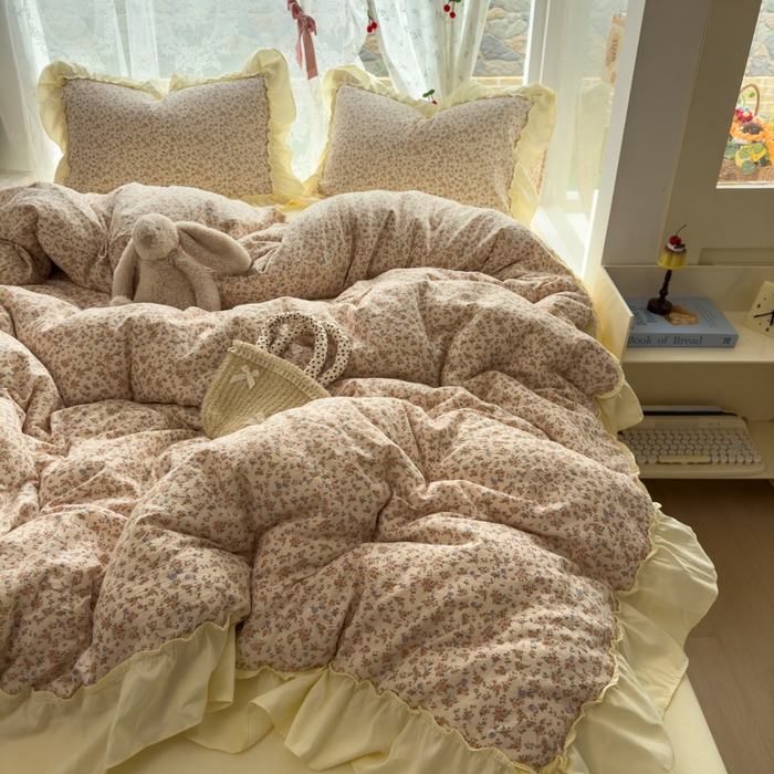 91家纺网 家纺一手货源 找家纺 思诺羽床笠 2025新款开学季法式花边A类双层纱木棉四件套 织春