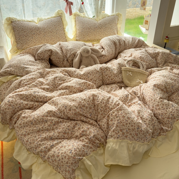 91家纺网 家纺一手货源 找家纺 思诺羽床笠 2025新款开学季法式花边A类双层纱木棉四件套 织春