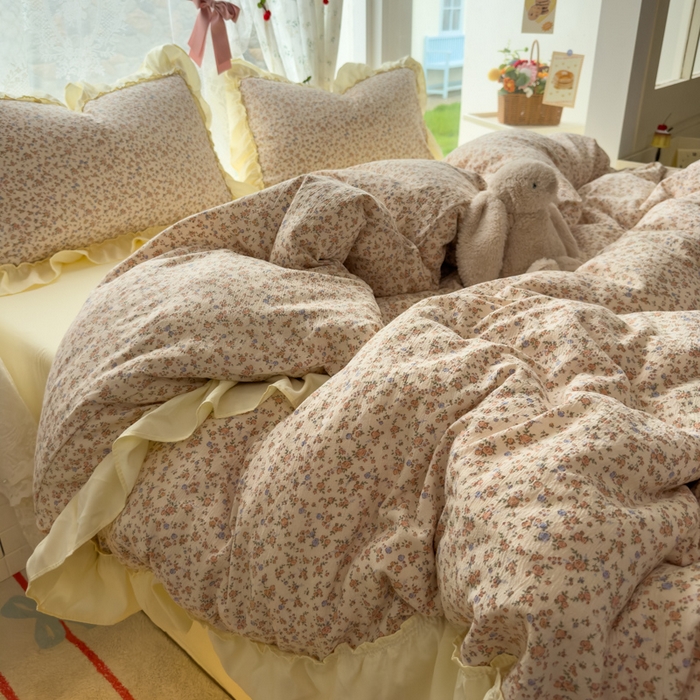 91家纺网 家纺一手货源 找家纺 思诺羽床笠 2025新款开学季法式花边A类双层纱木棉四件套 织春