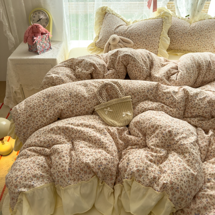 91家纺网 家纺一手货源 找家纺 思诺羽床笠 2025新款开学季法式花边A类双层纱木棉四件套 织春