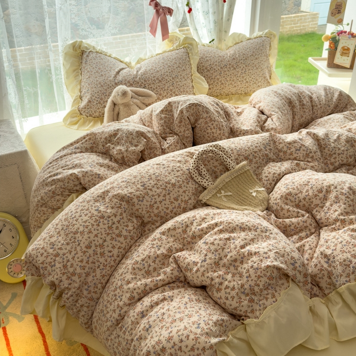 91家纺网 家纺一手货源 找家纺 思诺羽床笠 2025新款开学季法式花边A类双层纱木棉四件套 织春