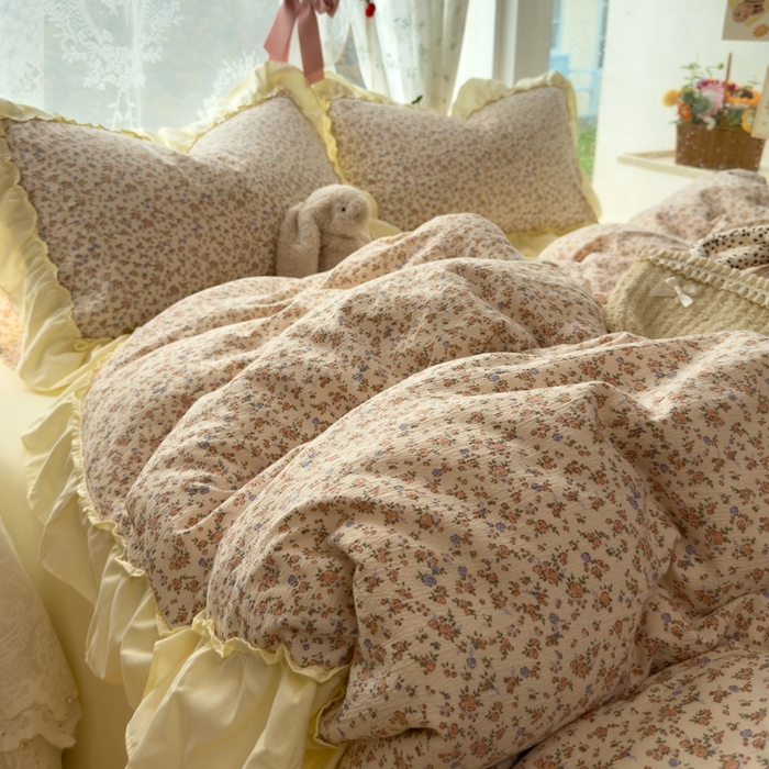 91家纺网 家纺一手货源 找家纺 思诺羽床笠 2025新款开学季法式花边A类双层纱木棉四件套 织春