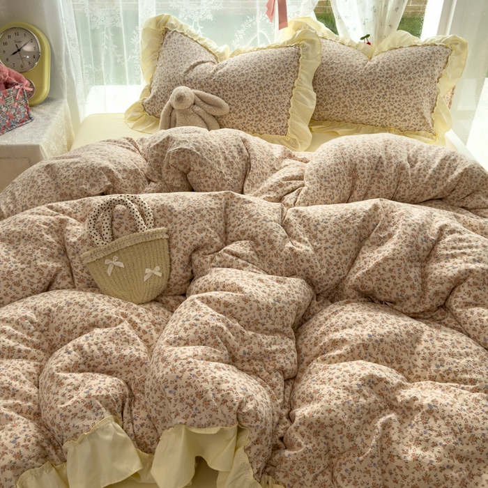 91家纺网 家纺一手货源 找家纺 思诺羽床笠 2025新款开学季法式花边A类双层纱木棉四件套 织春