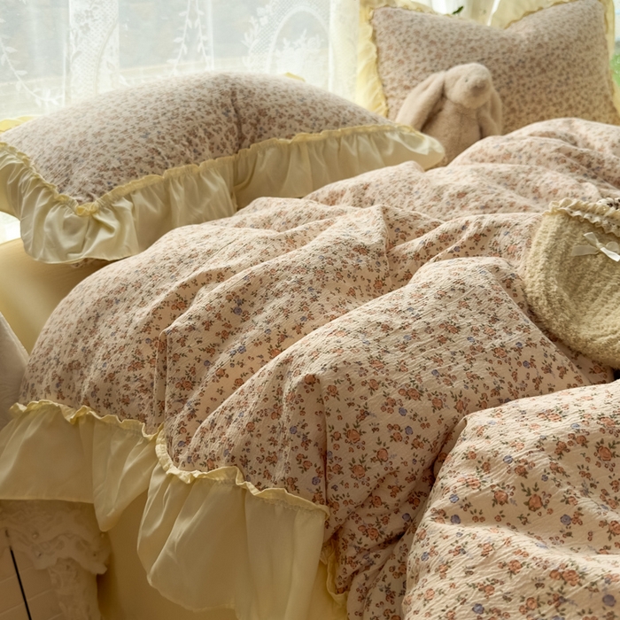 91家纺网 家纺一手货源 找家纺 思诺羽床笠 2025新款开学季法式花边A类双层纱木棉四件套 织春