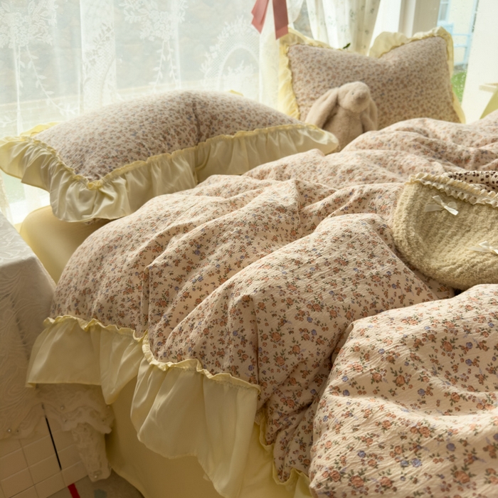 91家纺网 家纺一手货源 找家纺 思诺羽床笠 2025新款开学季法式花边A类双层纱木棉四件套 织春