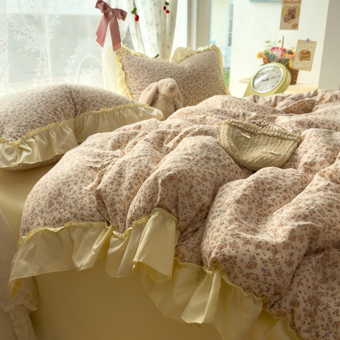 91家纺网 家纺一手货源 找家纺 思诺羽床笠 2025新款开学季法式花边A类双层纱木棉四件套 织春