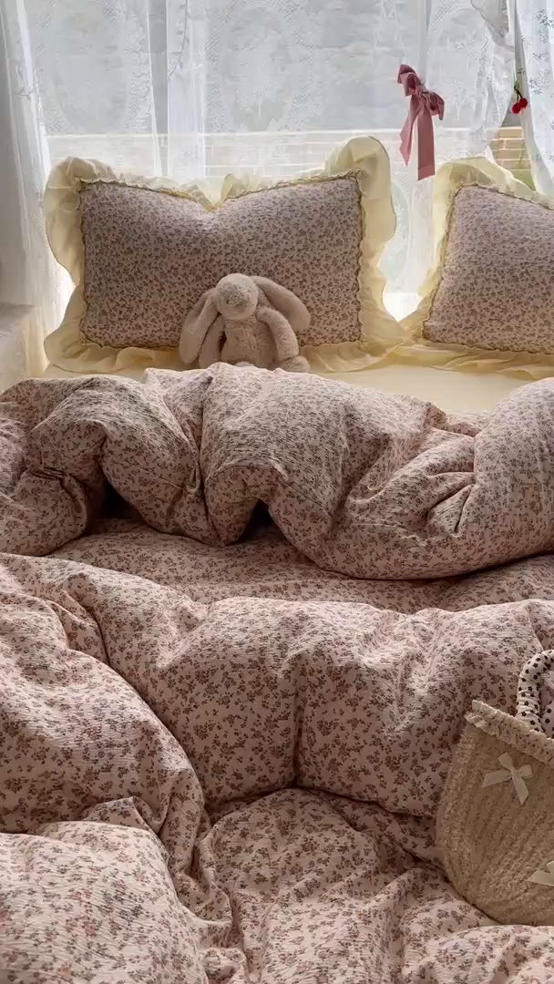 91家纺网 家纺一手货源 找家纺 思诺羽床笠 2025新款开学季法式花边A类双层纱木棉四件套 织春