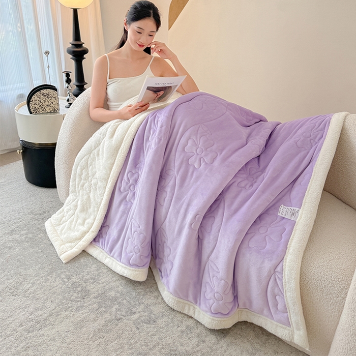 91家纺网 家纺一手货源 找家纺 雅诗帛 2025新款A类加厚加绒婴儿绒北极绒羽丝棉三层夹棉盖毯 丁香紫【双面绒夹棉】