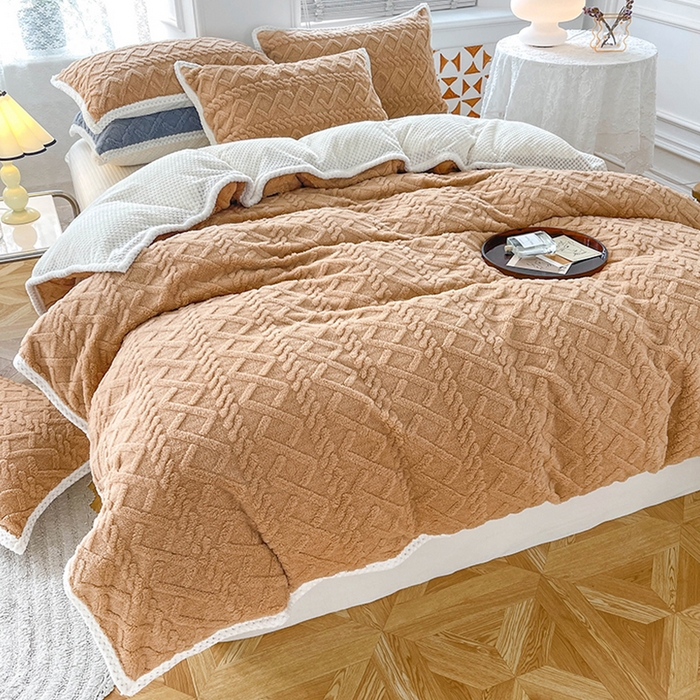 91家纺网 家纺一手货源 找家纺 雅诗帛 冬季加绒四件套云朵绒法莱绒牛奶绒雕花绒水晶绒塔芙绒毛毯学生宿舍保暖加绒加厚珊瑚绒双面绒 焦糖