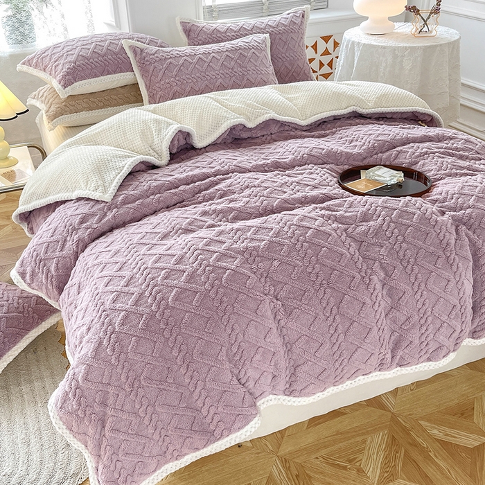 91家纺网 家纺一手货源 找家纺 雅诗帛 冬季加绒四件套云朵绒法莱绒牛奶绒雕花绒水晶绒塔芙绒毛毯学生宿舍保暖加绒加厚珊瑚绒双面绒 芋紫