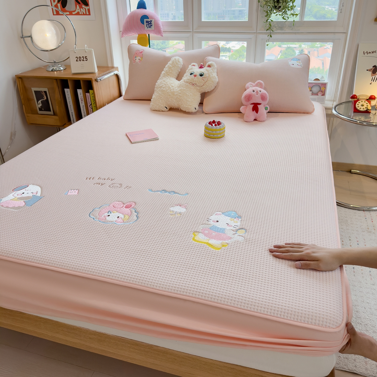 雅诗帛 2025新款华夫格夹棉刺绣床笠单品卡通可爱学生宿舍单品单床笠床罩 萌兔蒂-樱雾粉