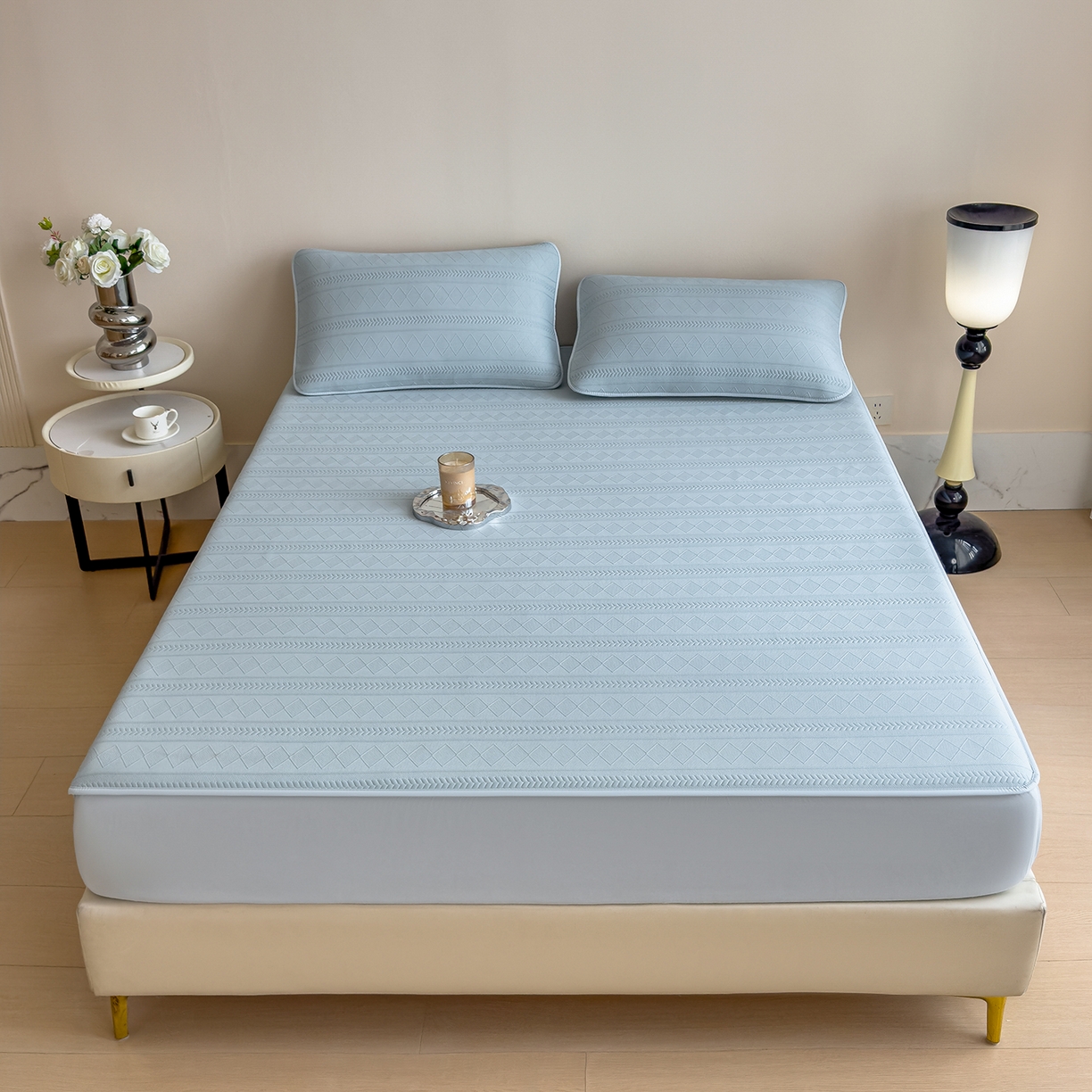 91家纺网 家纺一手货源 找家纺 雅诗帛 2025新款A类柔感彩绒棉夹棉床笠-素菱笺 素菱笺-青釉蓝