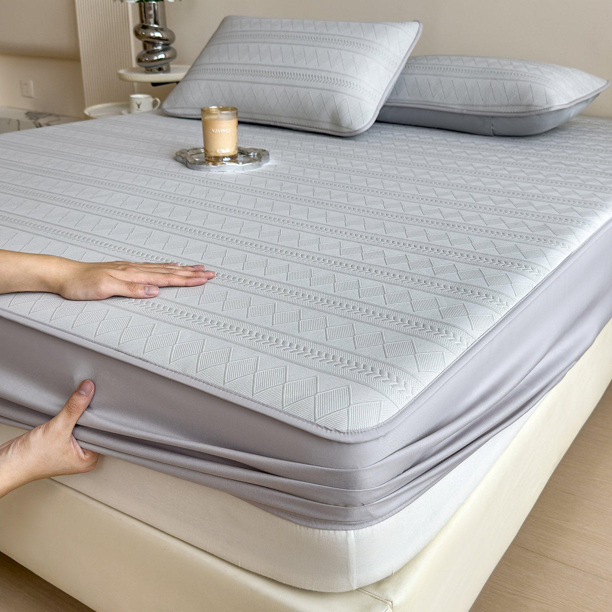 91家纺网 家纺一手货源 找家纺 （总）雅诗帛 2025新款A类柔感彩绒棉夹棉床笠-素菱笺