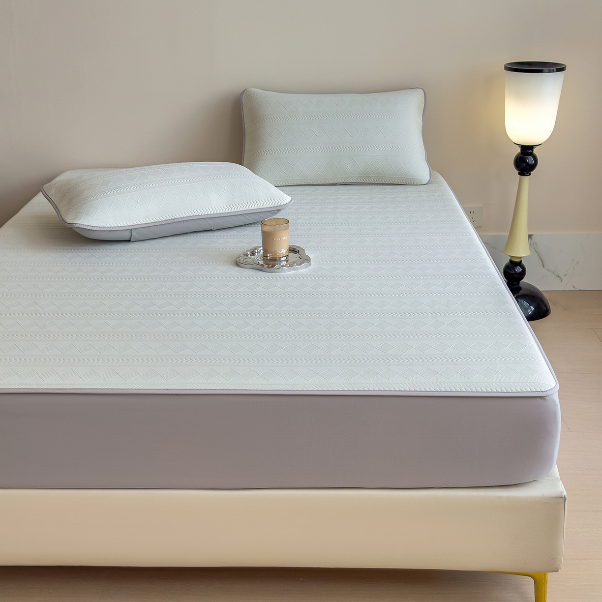 91家纺网 家纺一手货源 找家纺 雅诗帛 2025新款A类柔感彩绒棉夹棉床笠-素菱笺 素菱笺-纱雾青