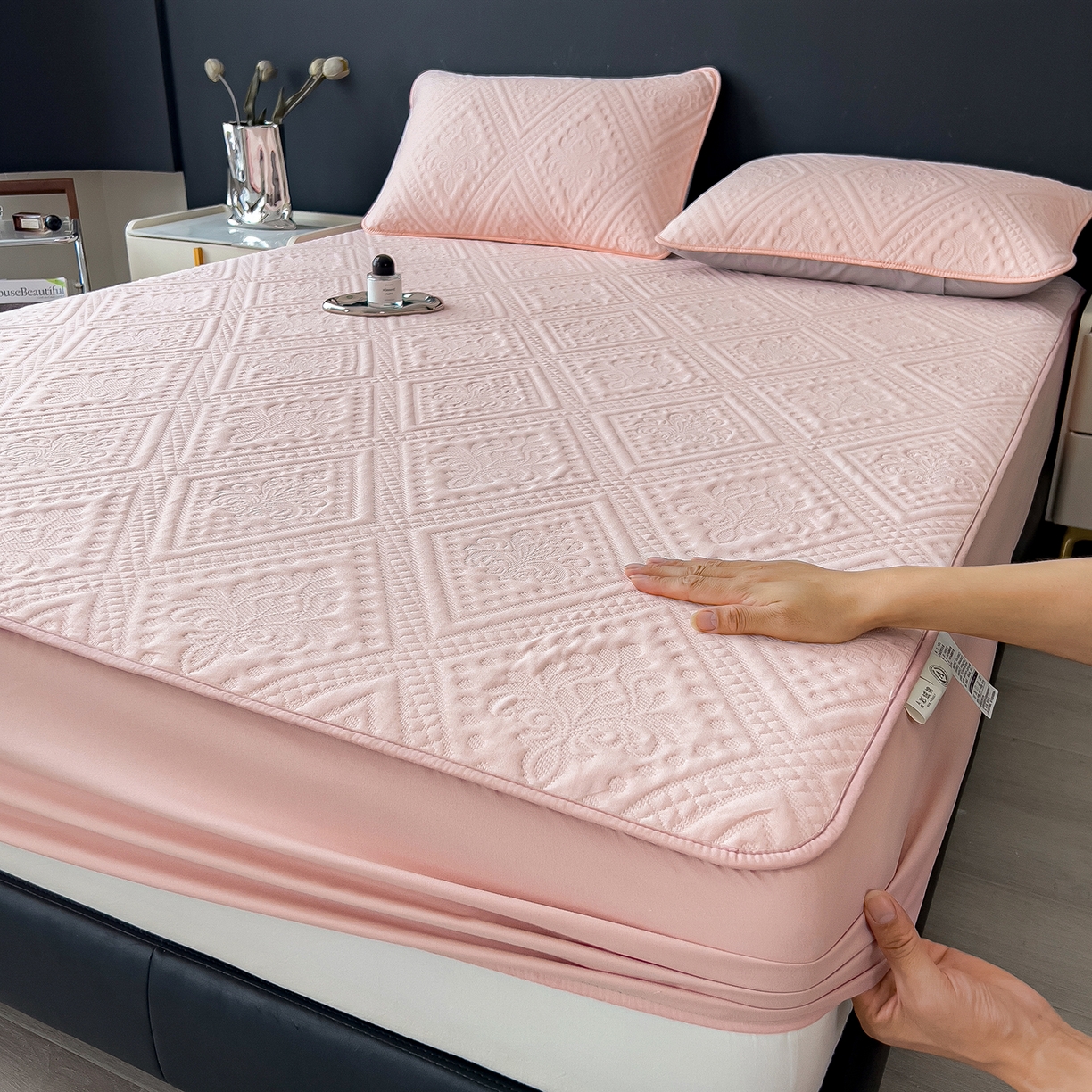 雅诗帛 2025新款A类柔感彩绒棉夹棉床笠-菱影蔓花 菱影蔓花-樱花粉