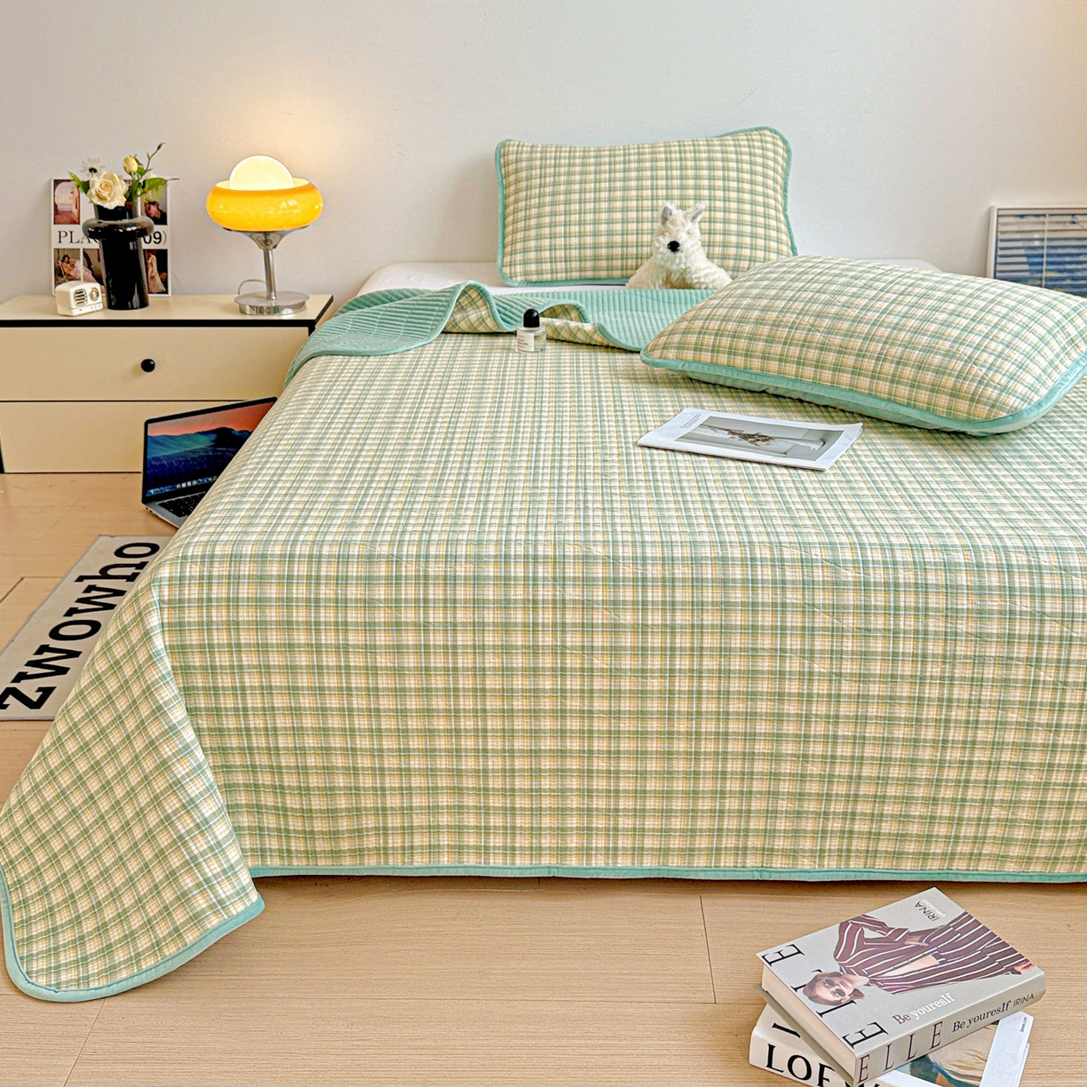 91家纺网 家纺一手货源 找家纺 雅诗帛 2025新款无印风全棉色织水洗棉加厚婴儿绒床盖单件格纹简约夹棉炕盖床盖三件套 青柠绿