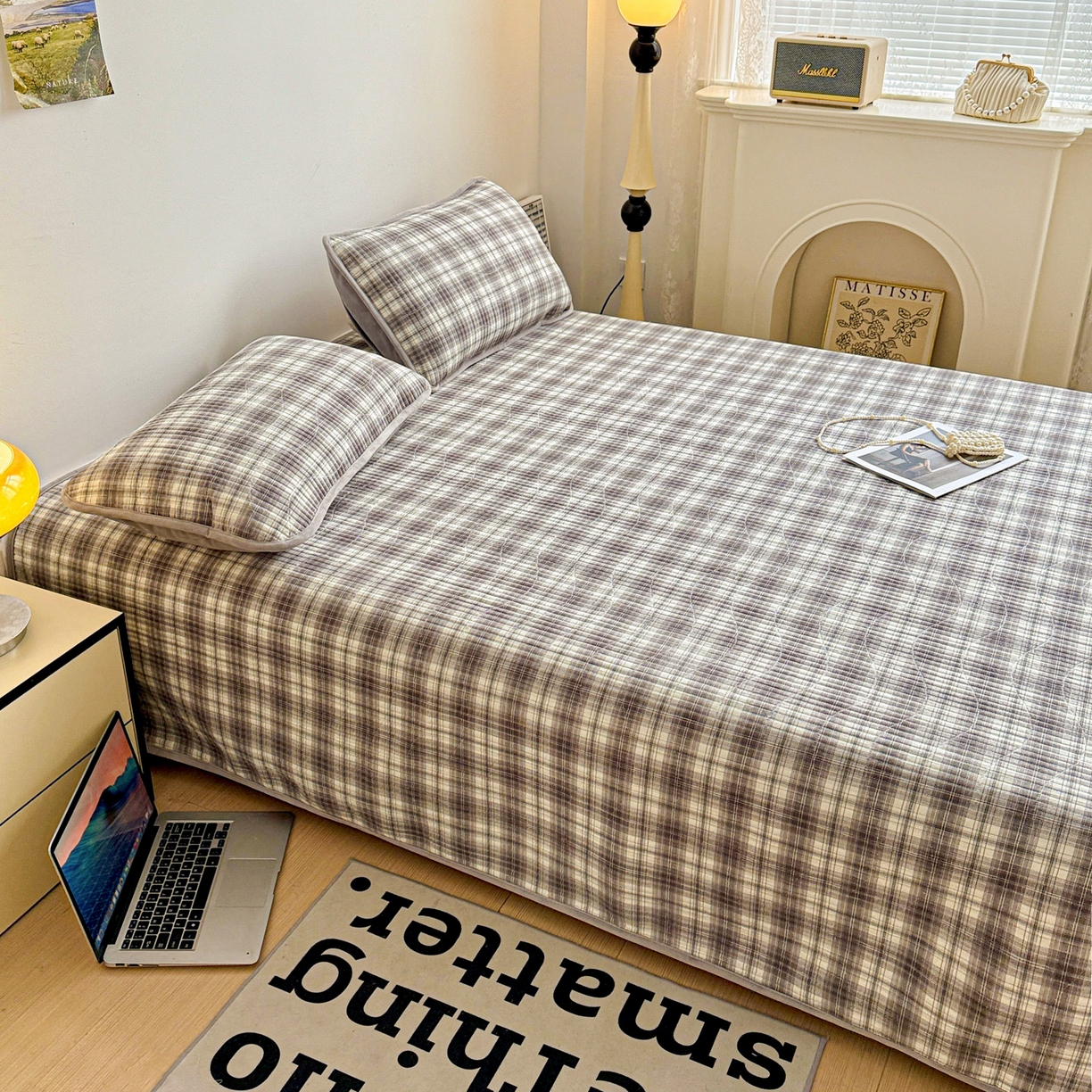 91家纺网 家纺一手货源 找家纺 雅诗帛 2025新款无印风全棉色织水洗棉加厚婴儿绒床盖单件格纹简约夹棉炕盖床盖三件套 休闲灰