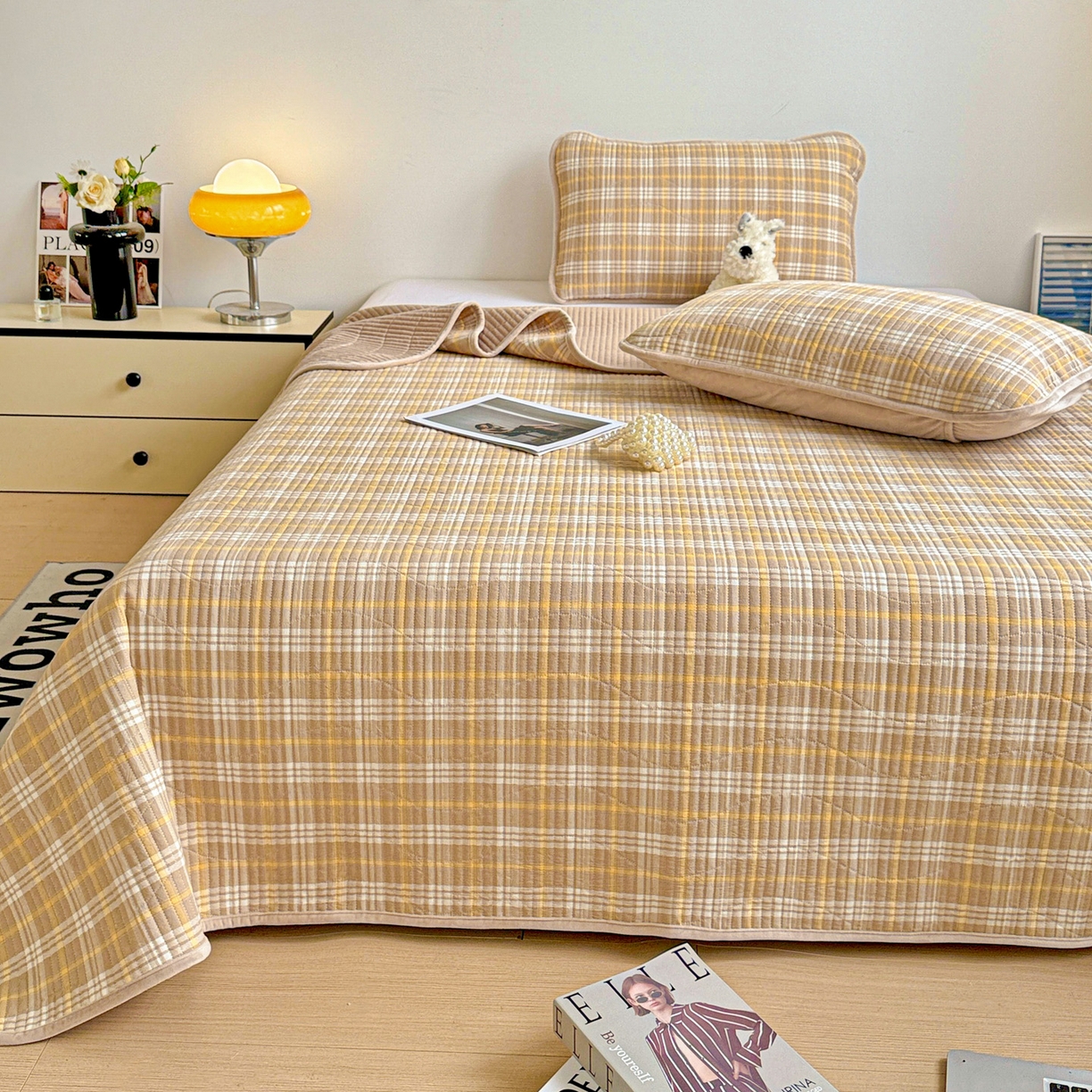 91家纺网 家纺一手货源 找家纺 雅诗帛 2025新款无印风全棉色织水洗棉加厚婴儿绒床盖单件格纹简约夹棉炕盖床盖三件套 香槟咖