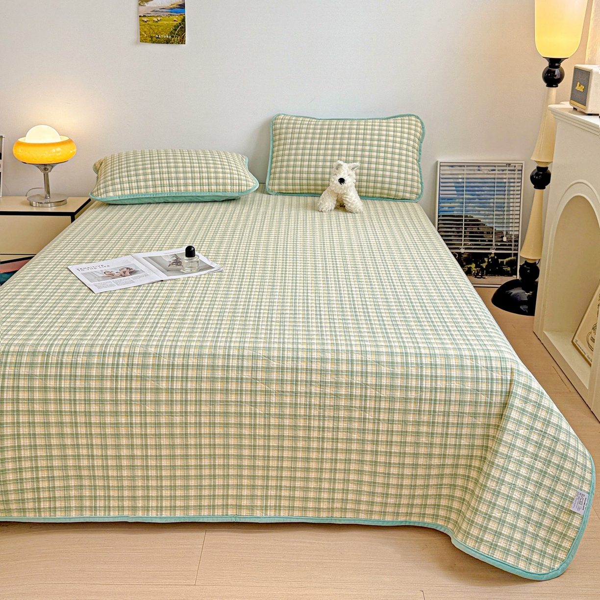 91家纺网 家纺一手货源 找家纺 雅诗帛 2025新款无印风全棉色织水洗棉加厚婴儿绒床盖单件格纹简约夹棉炕盖床盖三件套 青柠绿