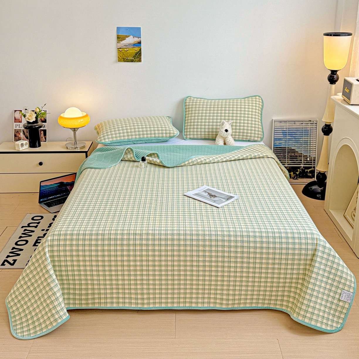 91家纺网 家纺一手货源 找家纺 雅诗帛 2025新款无印风全棉色织水洗棉加厚婴儿绒床盖单件格纹简约夹棉炕盖床盖三件套 青柠绿