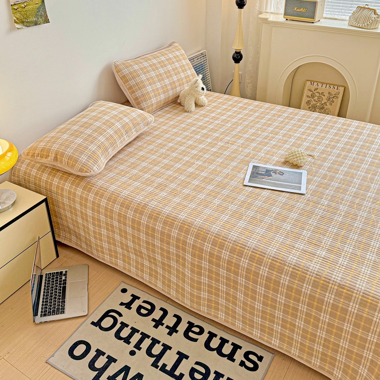 91家纺网 家纺一手货源 找家纺 雅诗帛 2025新款无印风全棉色织水洗棉加厚婴儿绒床盖单件格纹简约夹棉炕盖床盖三件套 香槟咖