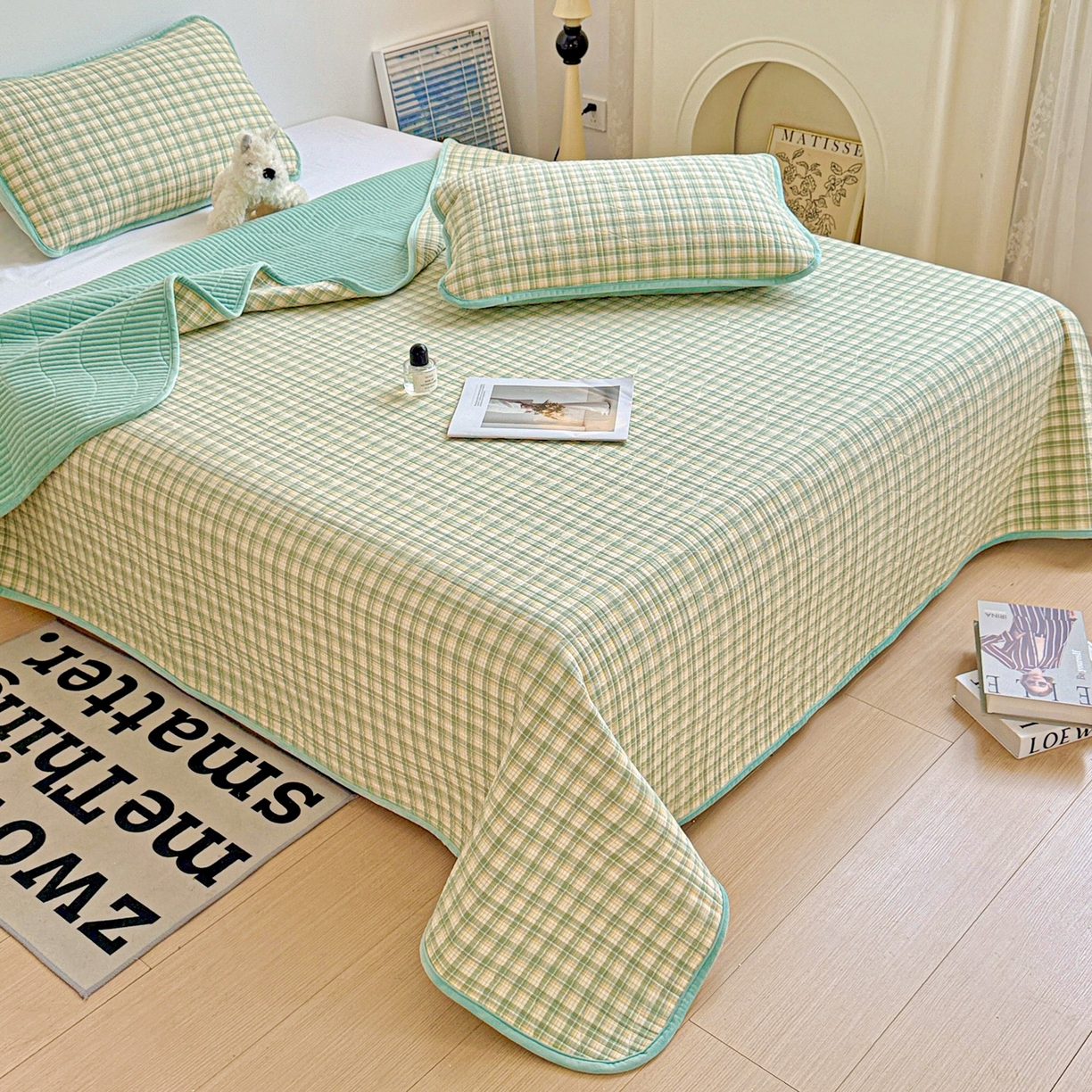 91家纺网 家纺一手货源 找家纺 （总）雅诗帛 2025新款无印风全棉色织水洗棉加厚婴儿绒床盖单件格纹简约夹棉炕盖床盖三件套