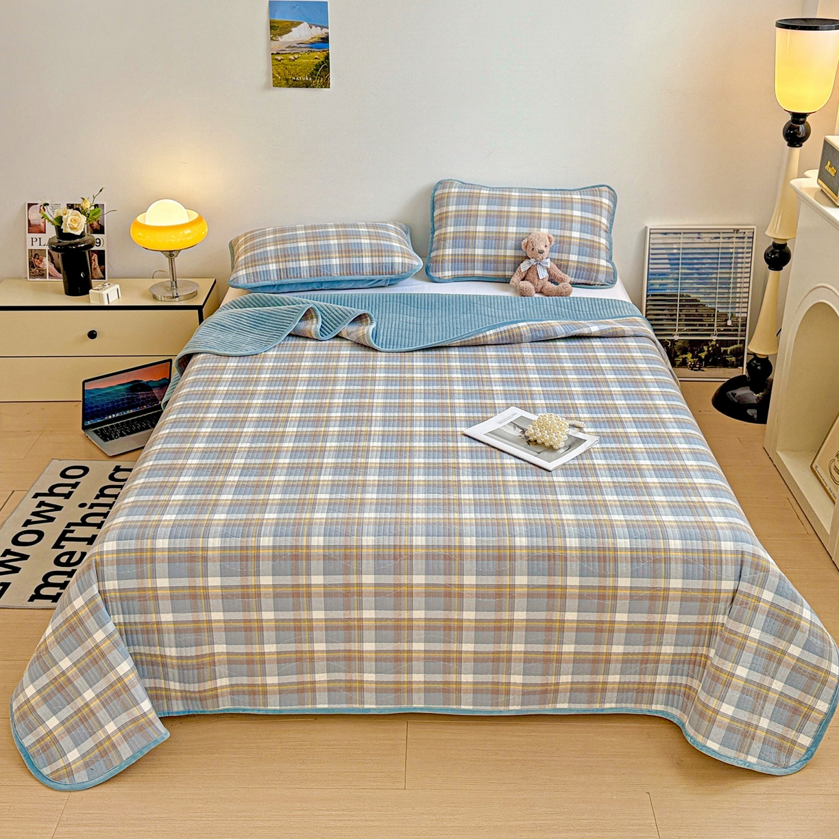 91家纺网 家纺一手货源 找家纺 雅诗帛 2025新款无印风全棉色织水洗棉加厚婴儿绒床盖单件格纹简约夹棉炕盖床盖三件套 格调兰