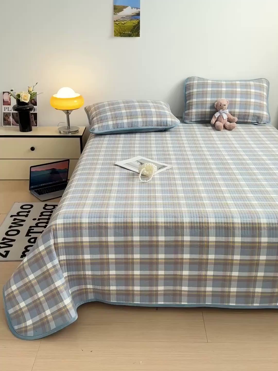 91家纺网 家纺一手货源 找家纺 雅诗帛 2025新款无印风全棉色织水洗棉加厚婴儿绒床盖单件格纹简约夹棉炕盖床盖三件套 格调兰