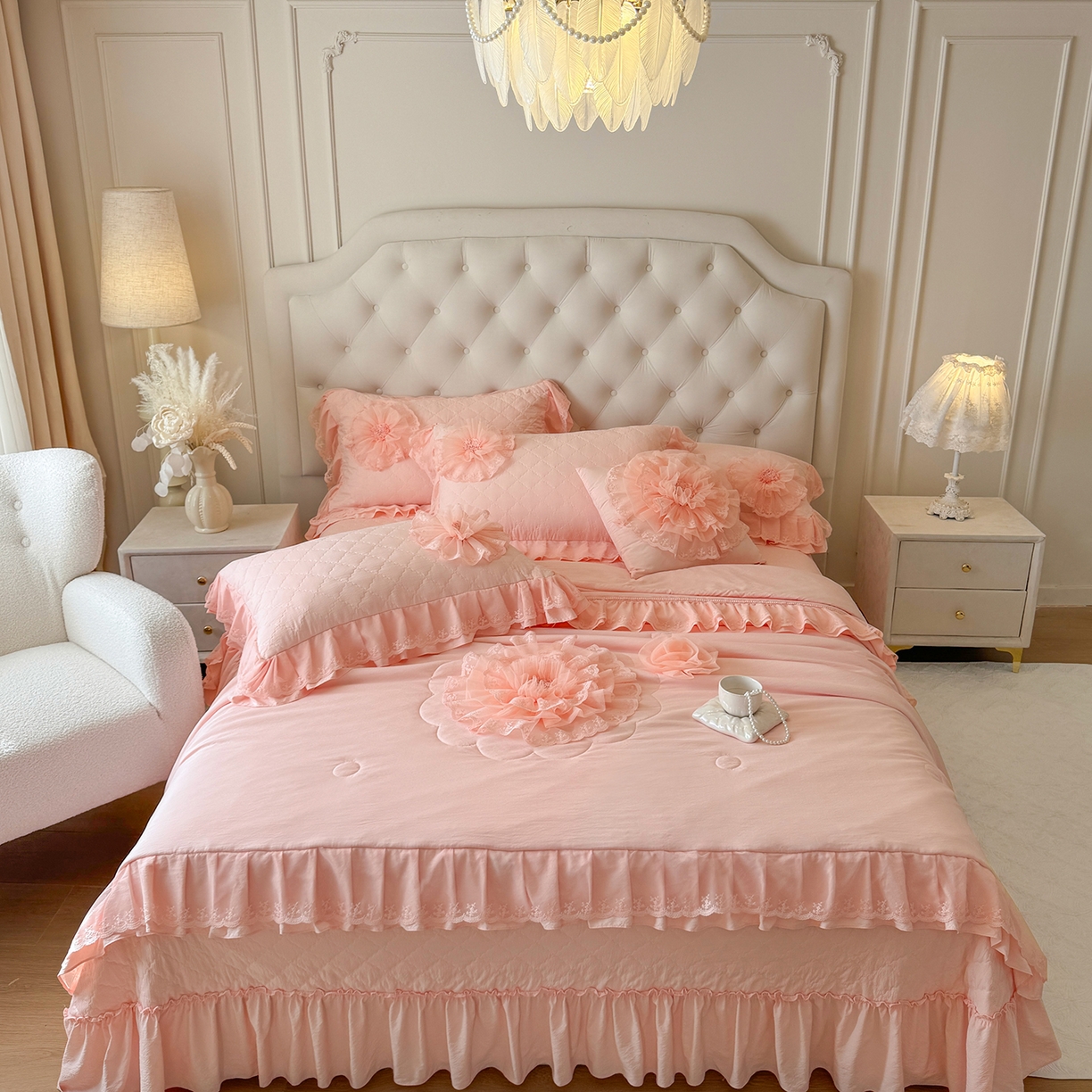 91家纺网 家纺一手货源 找家纺 罗优家纺 2025新款多功能可装被芯花朵可拆卸夏被四件套 粉色