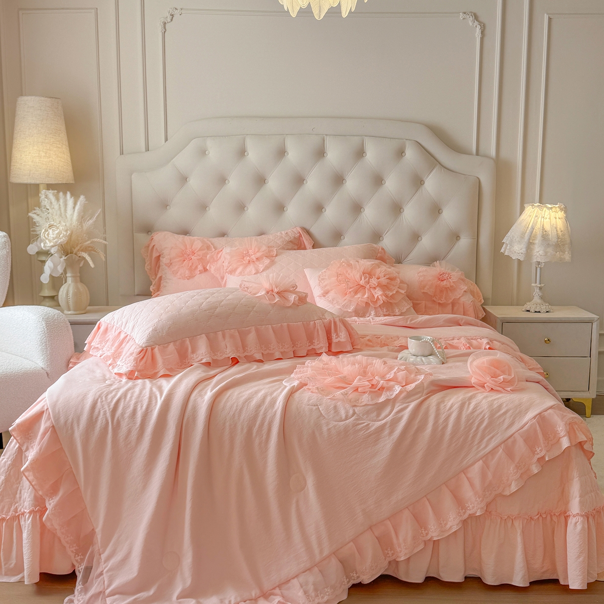 91家纺网 家纺一手货源 找家纺 罗优家纺 2025新款多功能可装被芯花朵可拆卸夏被四件套 粉色